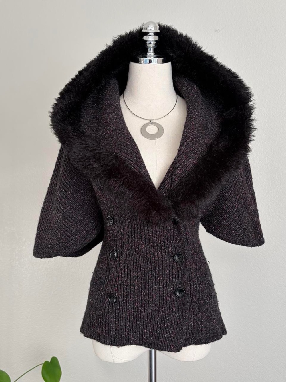 Randolph Duke Black Faux-Fur Trim Double Breasted Knit Jacket